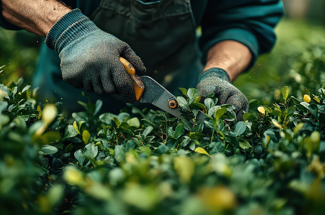 Nahaufnahme eines Gärtners, der Hecken oder Sträucher mit einer Gartenschere beschneidet. Sie zeigt den sorgfältigen Prozess der Formgebung und der Erhaltung von gesundem Laub