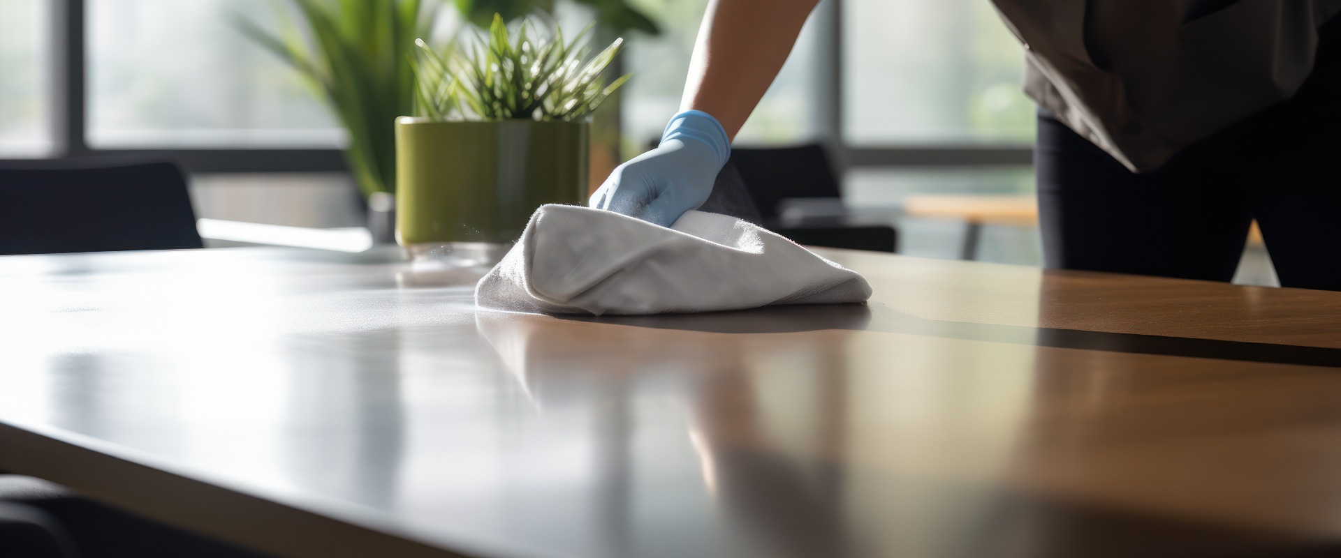 Nahaufnahme von Reinigungspersonal, das Tücher benutzt und Desinfektionsmittel versprüht, um die Tische in einem Büro abzuwischen.